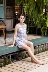 Đồ bộ đùi vạt chéo sau lưng linen sọc xám