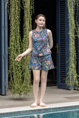Đồ bộ đùi không tay cổ yếm hoa sen