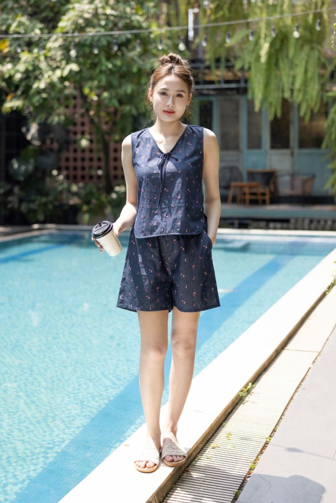 Đồ bộ đùi không tay nơ cổ hoa nhí màu hồng