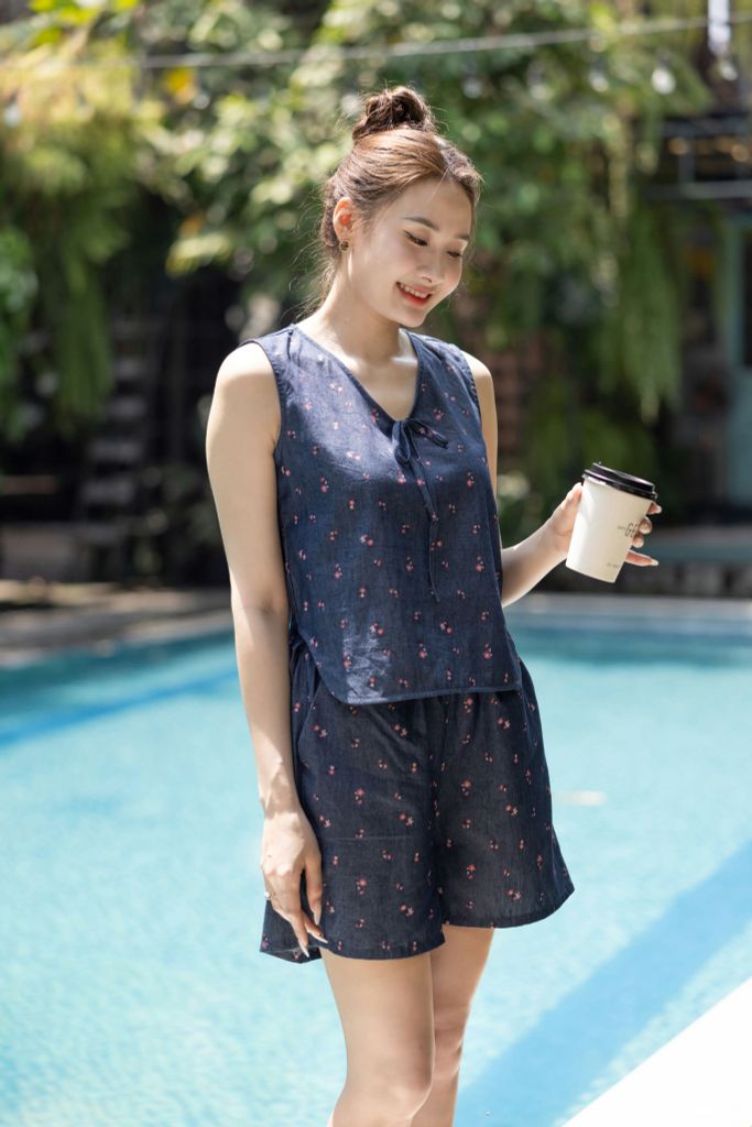 Đồ bộ đùi không tay nơ cổ hoa nhí màu hồng