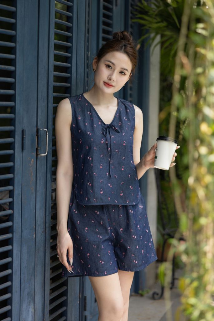 Đồ bộ đùi không tay nơ cổ hoa nhí màu hồng