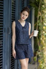 Đồ bộ đùi không tay nơ cổ hoa nhí màu hồng