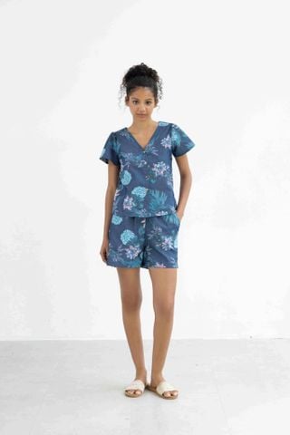 Đồ bộ đùi có tay cổ V hoạ tiết hoa cẩm tú cầu