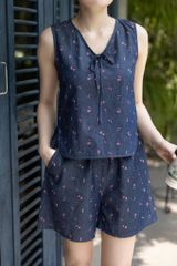 Đồ bộ đùi không tay nơ cổ hoa nhí màu hồng