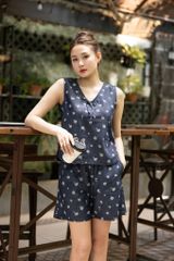 Đồ bộ đùi không tay nơ cổ hoa cúc xinh