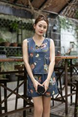 Đồ bộ đùi không tay nơ cổ hoa cát tường