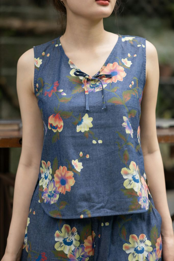 Đồ bộ đùi không tay nơ cổ hoa cát tường