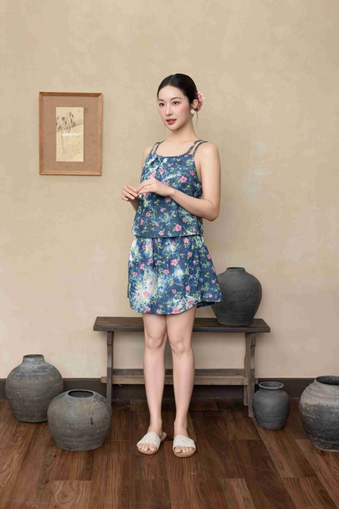 Đồ bộ đùi thiết kế 2 dây hoa đào hồng