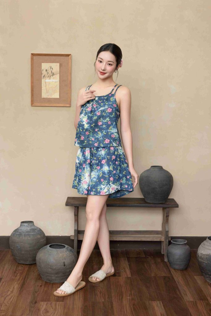 Đồ bộ đùi thiết kế 2 dây hoa đào hồng