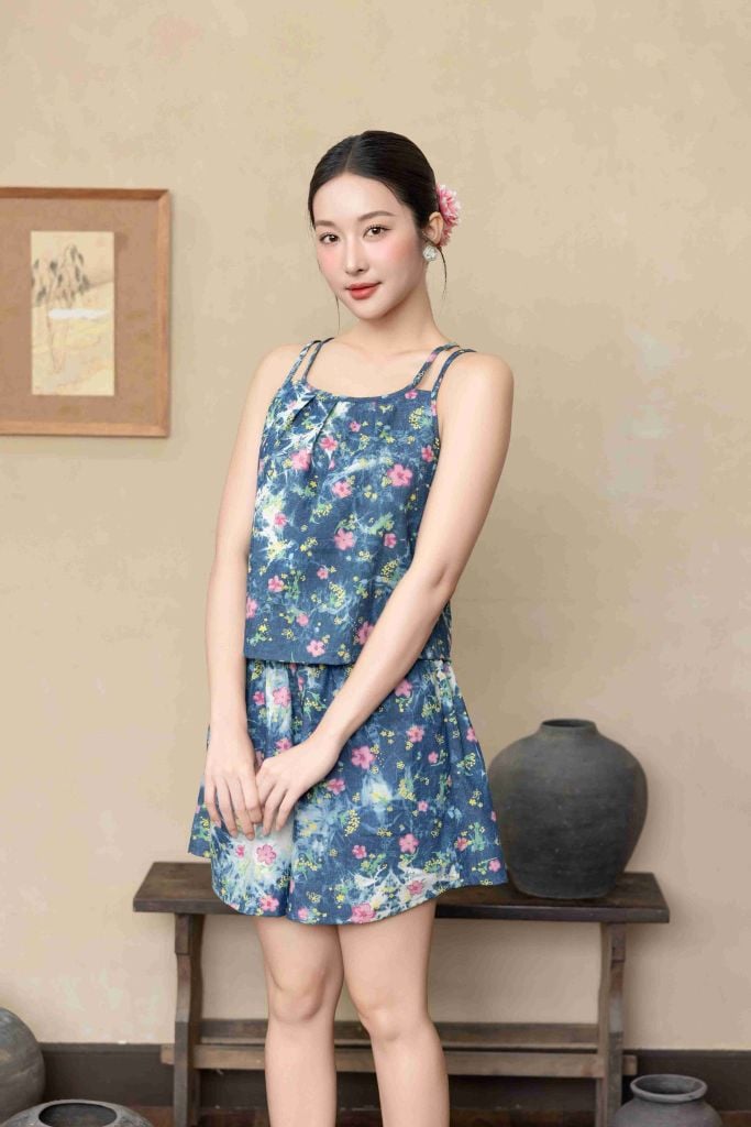 Đồ bộ đùi thiết kế 2 dây hoa đào hồng