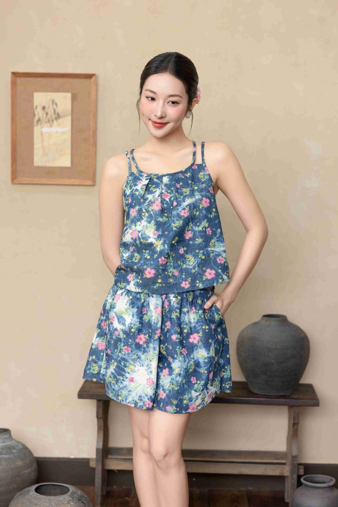 Đồ bộ đùi thiết kế 2 dây hoa đào hồng