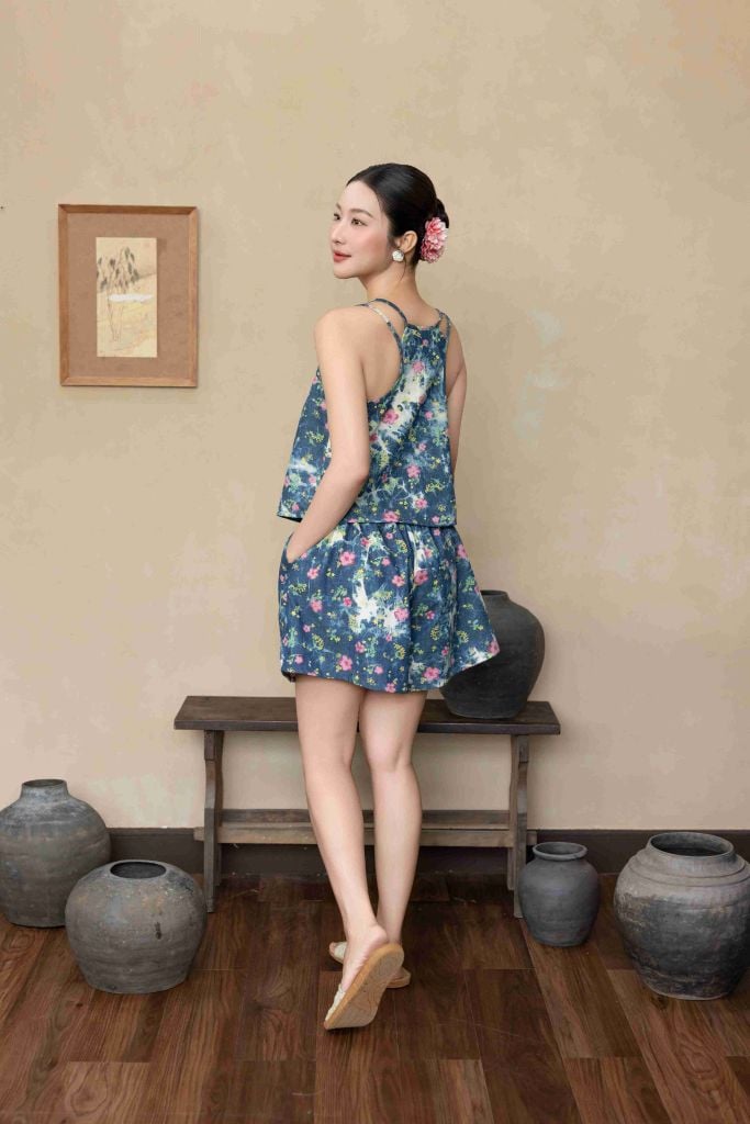 Đồ bộ đùi thiết kế 2 dây hoa đào hồng