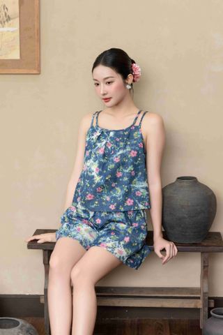 Đồ bộ đùi thiết kế 2 dây hoa đào hồng