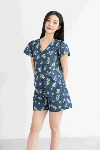 Đồ bộ đùi có tay cổ V hoạ tiết hoa cúc dược