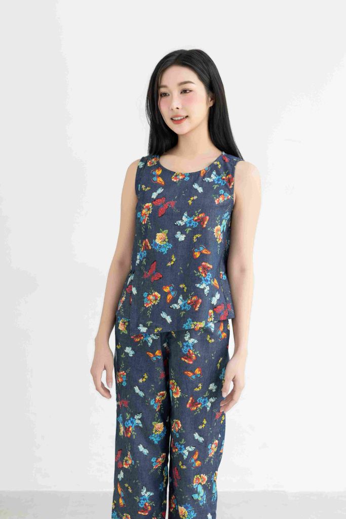 Đồ bộ dài không tay thiết kế vạt xéo hoa bướm