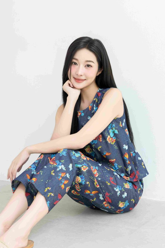 Đồ bộ dài không tay thiết kế vạt xéo hoa bướm