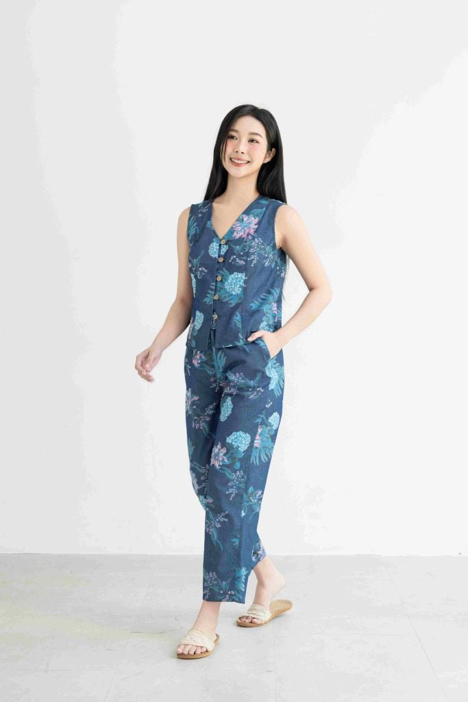 Đồ bộ dài không tay nút gỗ hoa cẩm tú cầu