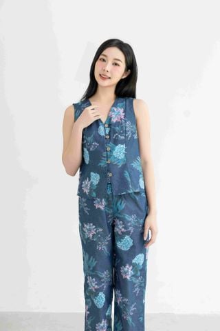 Đồ bộ dài không tay nút gỗ hoa cẩm tú cầu