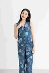 Đồ bộ dài không tay nút gỗ hoa cẩm tú cầu