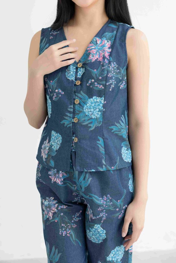 Đồ bộ dài không tay nút gỗ hoa cẩm tú cầu