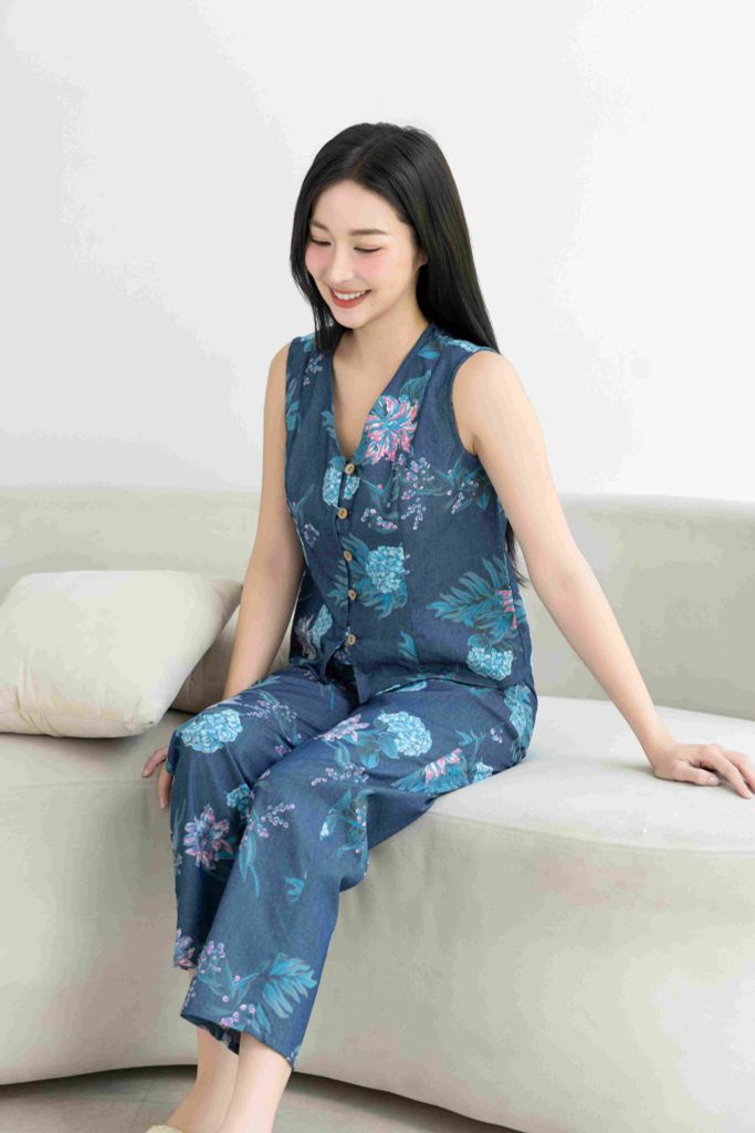 Đồ bộ dài không tay nút gỗ hoa cẩm tú cầu