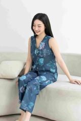 Đồ bộ dài không tay nút gỗ hoa cẩm tú cầu