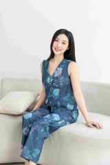 Đồ bộ dài không tay nút gỗ hoa cẩm tú cầu