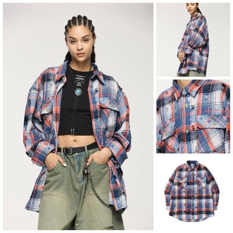 INF®️| ÁO KHOÁC SƠ MI DÀI TAY KẺ SỌC RETRO DÁNG RỘNG CARDIGAN UNISEX INF 7081