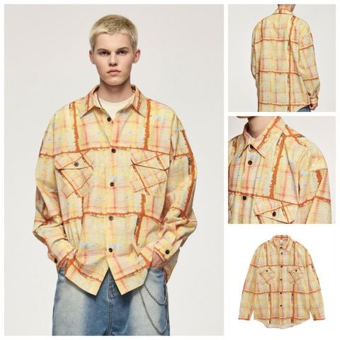 INF®️| ÁO KHOÁC SƠ MI DÀI TAY SỌC NHĂN IN HÌNH NHIỆT DÁNG RỘNG UNISEX INF 7094
