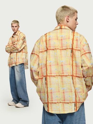 INF®️| ÁO KHOÁC SƠ MI DÀI TAY SỌC NHĂN IN HÌNH NHIỆT DÁNG RỘNG UNISEX INF 7094