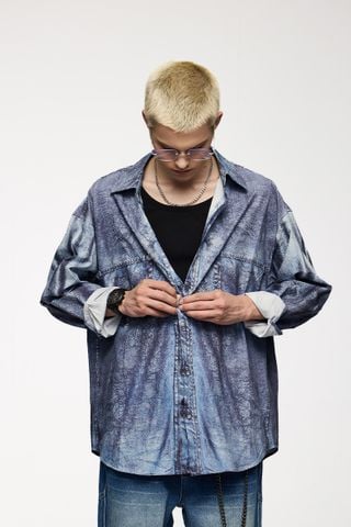INF®️| ÁO KHOÁC SƠ MI DÀI TAY SỌC NHĂN IN HÌNH NHIỆT DÁNG RỘNG UNISEX INF 7097