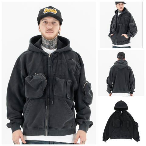 FG®️| ÁO KHOÁC HOODIE WASH RETRO KHÓA KÉO TÚI NGỰC UNISEX FG F231