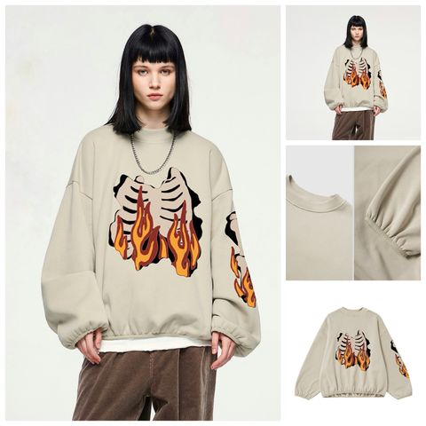INF®️| ÁO SWEATER NỈ CỔ TRÒN NHUNG DÁNG RỘNG IN NGỌN LỬA UNISEX INF 4420