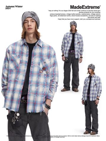 MADEEXTREME®️| ÁO SƠ MI DÀI TAY HỌA TIẾT KẺ SỌC REN CHẮP VÁ CÚC ÁO PHÁ HỦY UNISEX MADE 241156