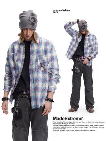 MADEEXTREME®️| ÁO SƠ MI DÀI TAY HỌA TIẾT KẺ SỌC REN CHẮP VÁ CÚC ÁO PHÁ HỦY UNISEX MADE 241156
