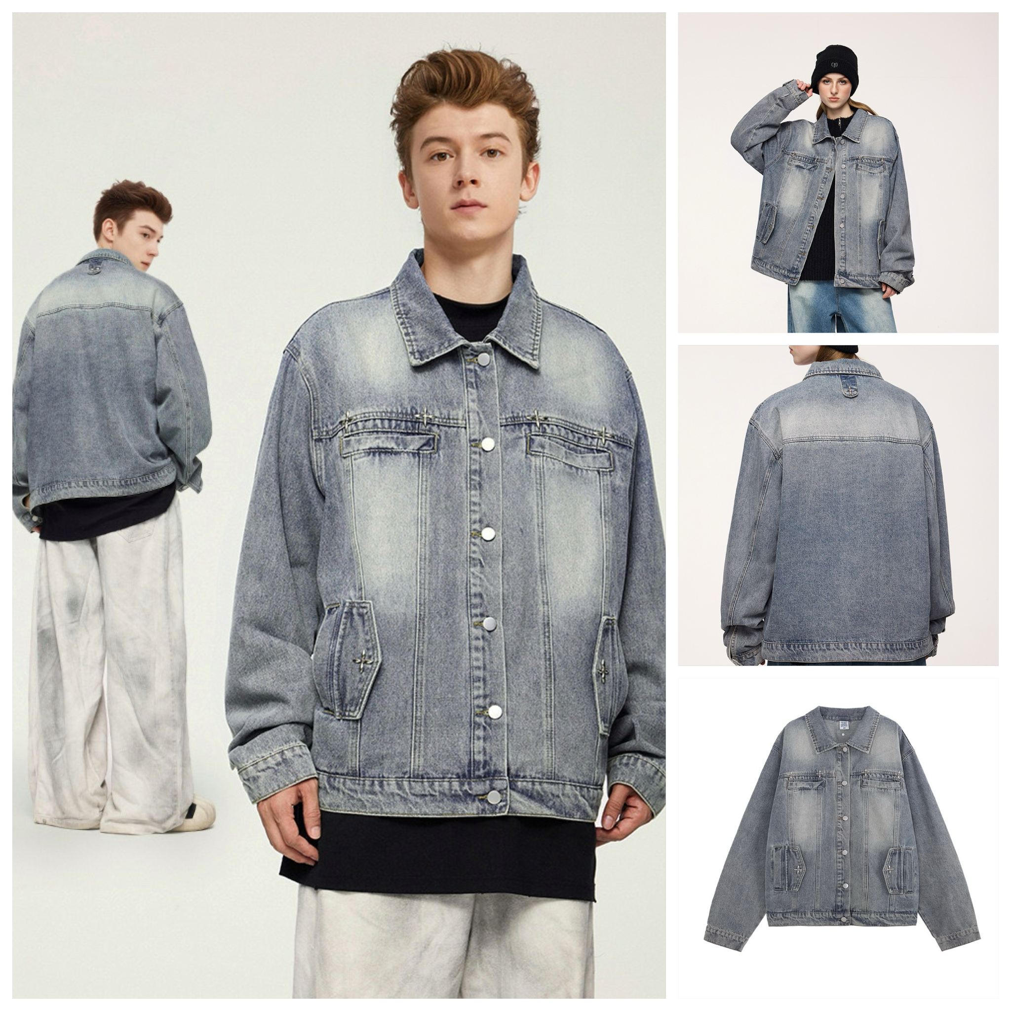 INF®️| ÁO KHOÁC DENIM WASH RETRO THIẾT KẾ ĐINH TÁN UNISEX INF 5379