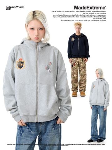 MADEEXTREME®️| ÁO KHOÁC THÊU HUY HIỆU KHÓA KÉO MŨ TRÙM NỈ UNISEX MADE 241165
