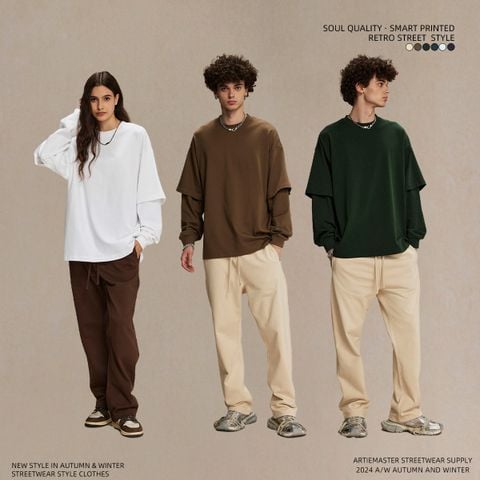 ARTIE®️| ÁO THUN DÀI TAY DÁNG RỘNG GIẢ 2 MẢNH COTTON 305G ARTIE 2163