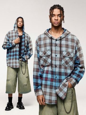 INF®️| ÁO KHOÁC SƠ MI DÀI TAY KẺ SỌC MŨ TRÙM ĐẦU DÁNG RỘNG GRADIENT UNISEX INF 7087