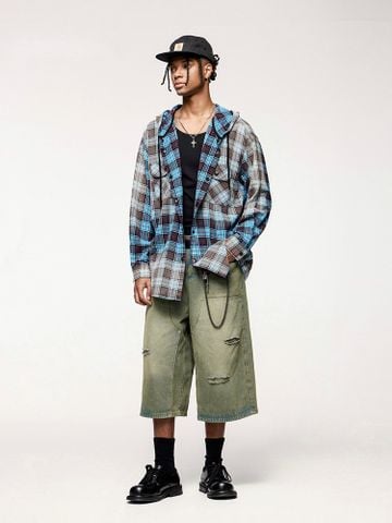 INF®️| ÁO KHOÁC SƠ MI DÀI TAY KẺ SỌC MŨ TRÙM ĐẦU DÁNG RỘNG GRADIENT UNISEX INF 7087