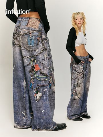 INF®️| QUẦN JEANS MÓC KHÓA IN PHUN KỸ THUẬT SỐ DÁNG SUÔNG UNISEX INF 13418