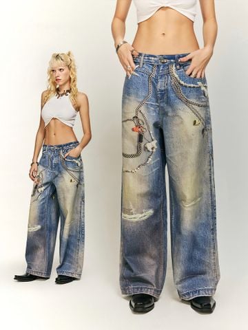 INF®️| QUẦN JEANS DÂY XÍCH IN KỸ THUẬT SỐ DÁNG SUÔNG UNISEX INF 13446