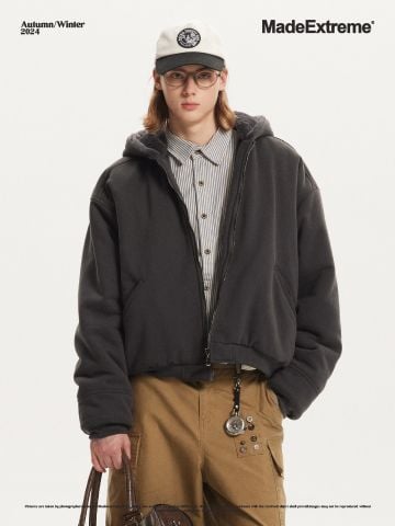 MADEEXTREME®️| ÁO KHOÁC MŨ TRÙM ĐẦU RETRO KHÓA KÉO LÓT LÔNG COTTON UNISEX MADE 241242