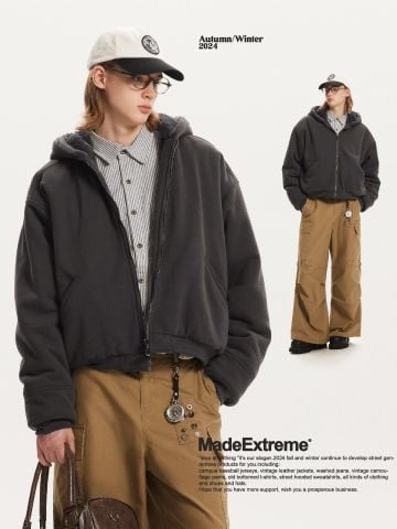 MADEEXTREME®️| ÁO KHOÁC MŨ TRÙM ĐẦU RETRO KHÓA KÉO LÓT LÔNG COTTON UNISEX MADE 241242