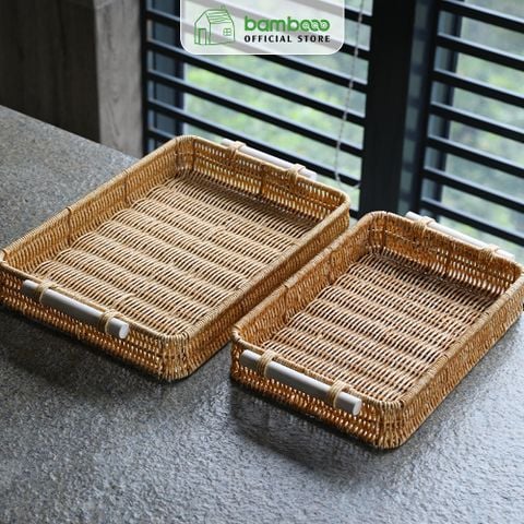 Khay nhựa giả mây BAMBOOO ECO khay đựng hoa quả bánh kẹo decor chụp ảnh cổ điển