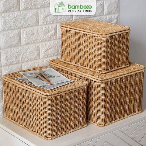 Giỏ Nhựa Giả Mây Có Nắp BAMBOOO ECO Giúp Bảo Quản Đồ Dùng Gọn Gàng Chống Bụi Hiệu Quả