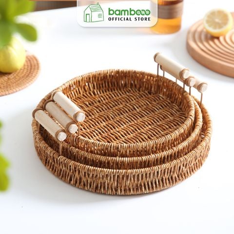 Khay nhựa tròn đựng đồ quai gỗ BAMBOOO ECO đan thủ công bằng tay chất liệu giả mây