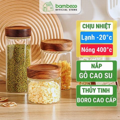 Hũ Thuỷ Tinh Chịu Nhiệt 400°C BAMBOOO ECO Chất Liệu thủy tinh Borosilicate và nắp gỗ keo VSATTP