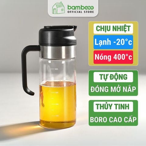 Chai đựng dầu ăn thể tích 500ml BAMBOOO ECO chịu nhiệt 400°c thủy tinh Borosilicate , thân inox