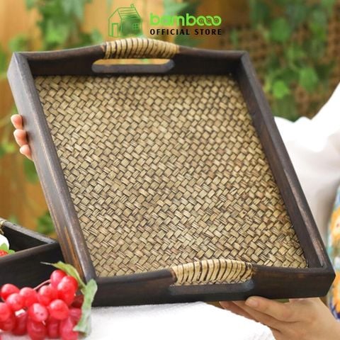 Khay trà cao cấp gỗ cói BAMBOO HOME dùng làm bàn trà đựng cốc chén ấm trong phòng khách nhà hàng khách sạn Nhật Bản